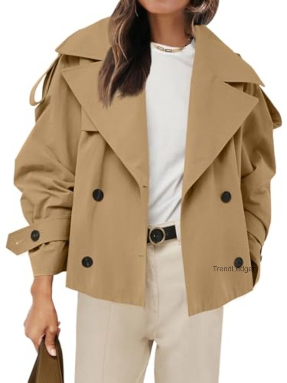 Womens Cropped Trench Coat Double Breasted Belted Windproof